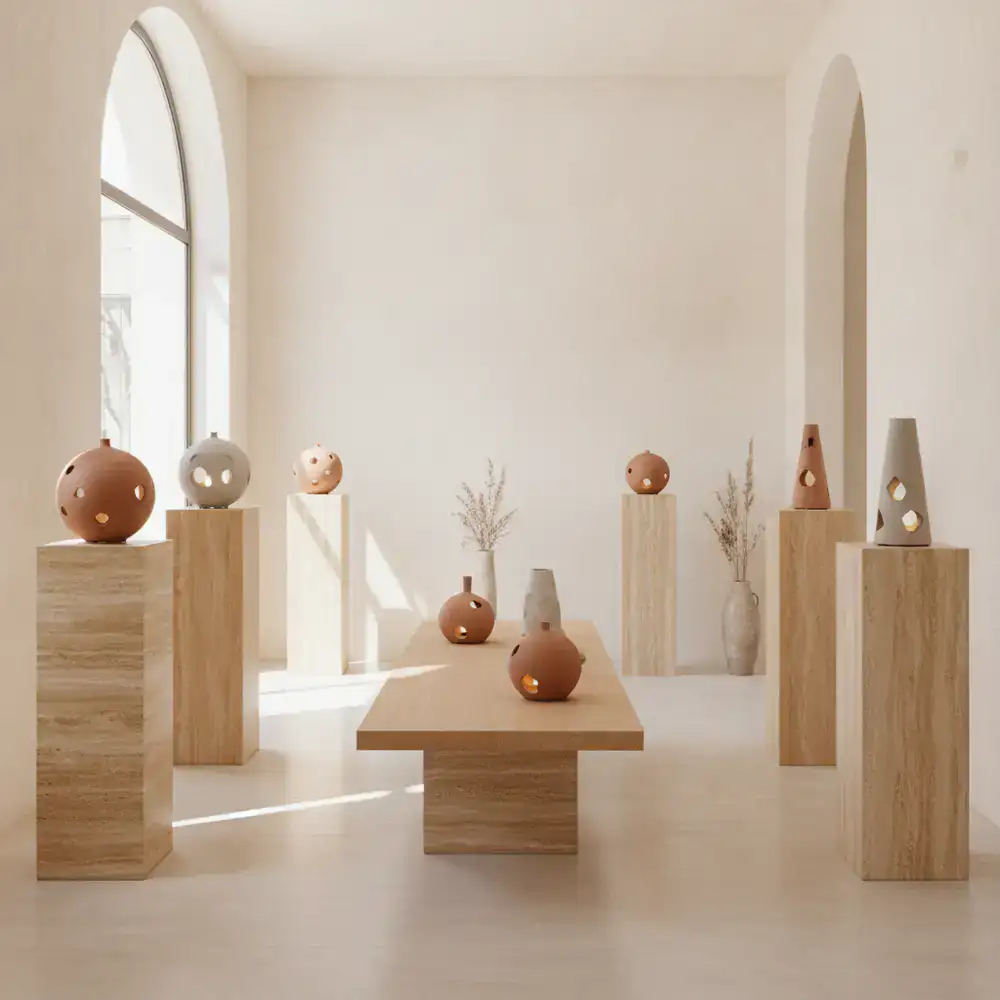 Interior minimalista del atelier Rintzlop en Madrid con expositores de piedra cálida y difusores cerámicos